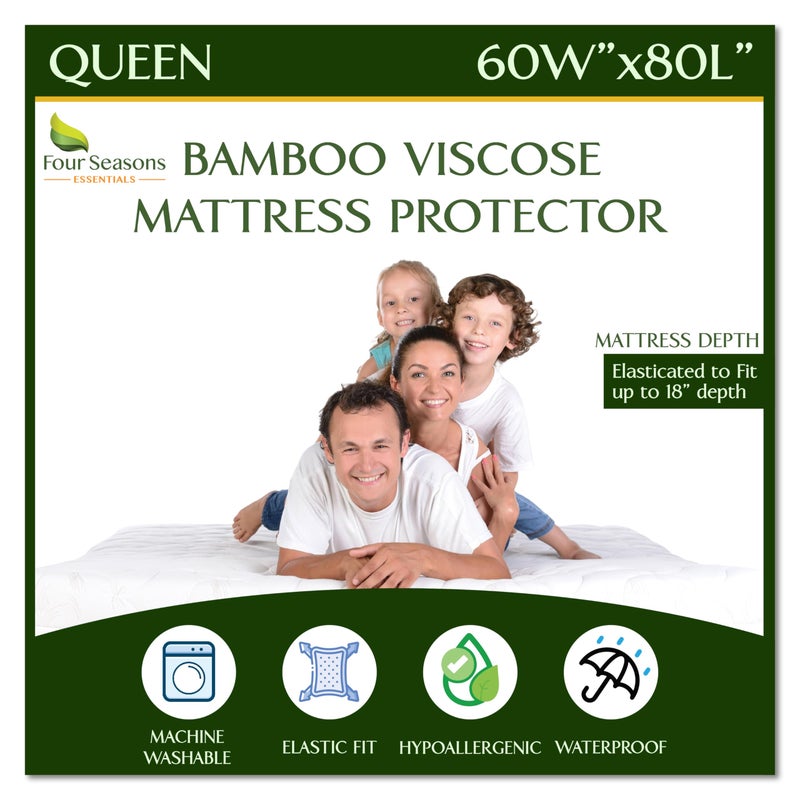 Four Seasons Essentials Queen Size Waterproof Mattress Protector - Cooling Viscose derived from Bamboo Fitted Sheet Mattress Cover - Quilted Jacquard Pad Protects from Dust Allergens - Image 1